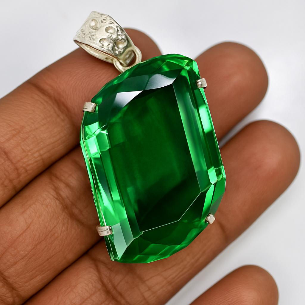 Lab Created Green Emerald 104ct 925 Sterling Silver Pendant Certified