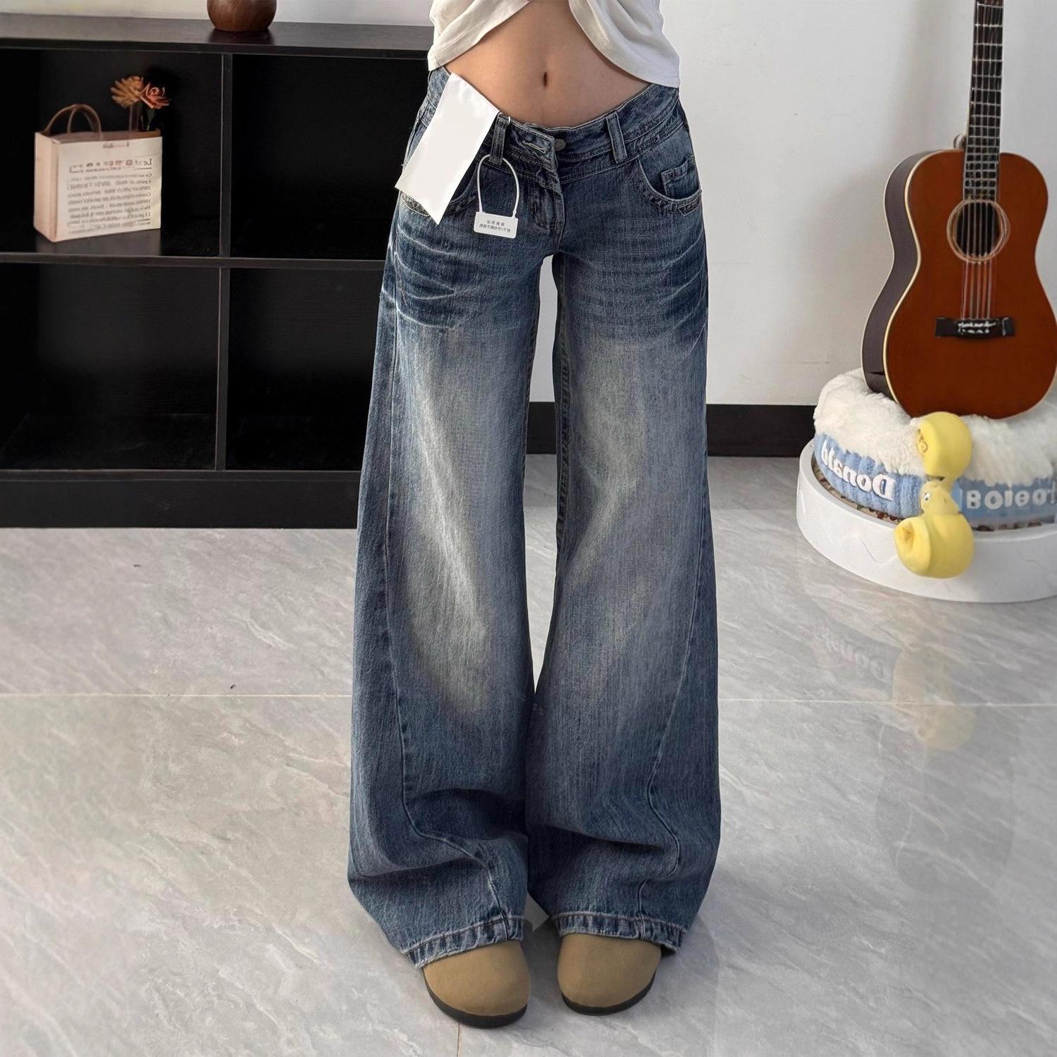 Women s Low-Waist Micro-Flare Washed Jeans - Retro Blue, Loose Fit, Floor-Length, Petite Autumn Collection XS синий