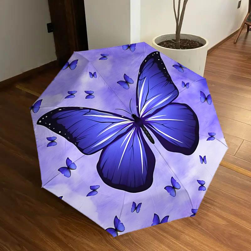 

Purple Butterfly Auto Open Close Umbrella - Portable Tri-Fold Design with 8-Bone Iron Frame - - Ideal Gift for Fans, Travelers, Daily Use -