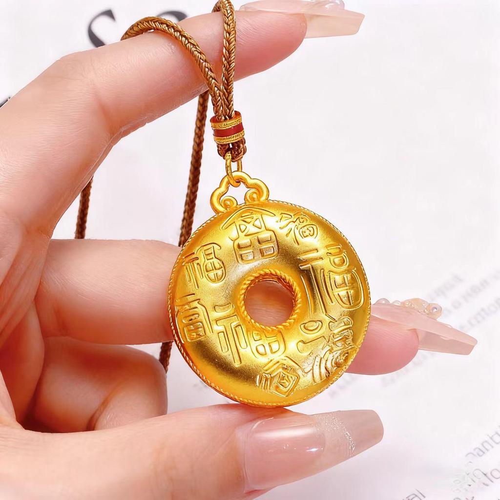 Vietnamese Ethnic Sand Gold Peony Pendant with Braided Rope Necklace
