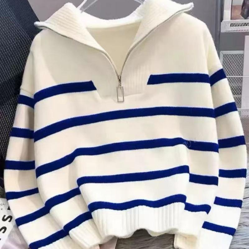 Autumn Winter Stand Color Vintage Striped Patchwork Pullover Sweater Women Loose Casual All-match Knitting Top