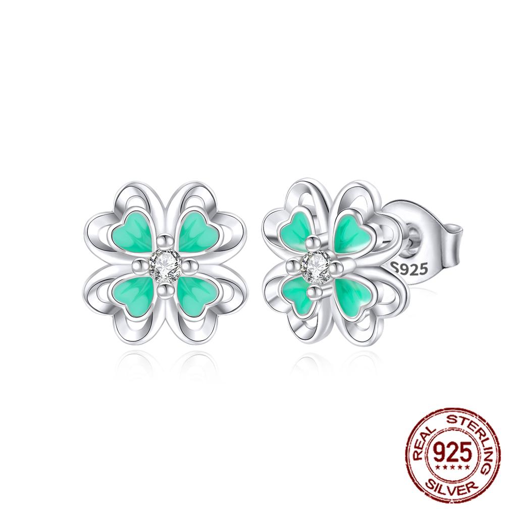 New in 925 Silver Lucky Clover Earrings for Women Girl Green Leaf Ear Studs Fine Jewelry Fashion Luxury Anniversary