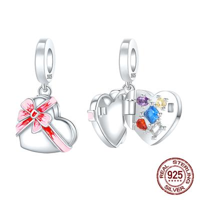 Copper Heart Shape Gifts Box Openable Colored Zircon Pendants Charms Fits Genuine Charm Bracelet Women DoItYourself Jewellery