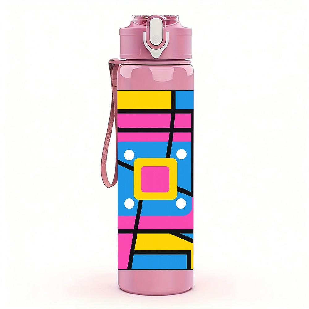 1PC Bright Geometric Square Mosaic Print 750ml Color Plastic Sports Water Bottle Leakproof Flip Straw Lid Suitable for Sports Office Home Use