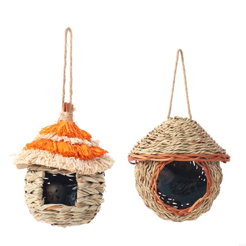 Natural Straw Weaving Bird Cages Parrots House Sleep Houses Cage with Hangings Lanyard for Small Pet Finch Sparrows