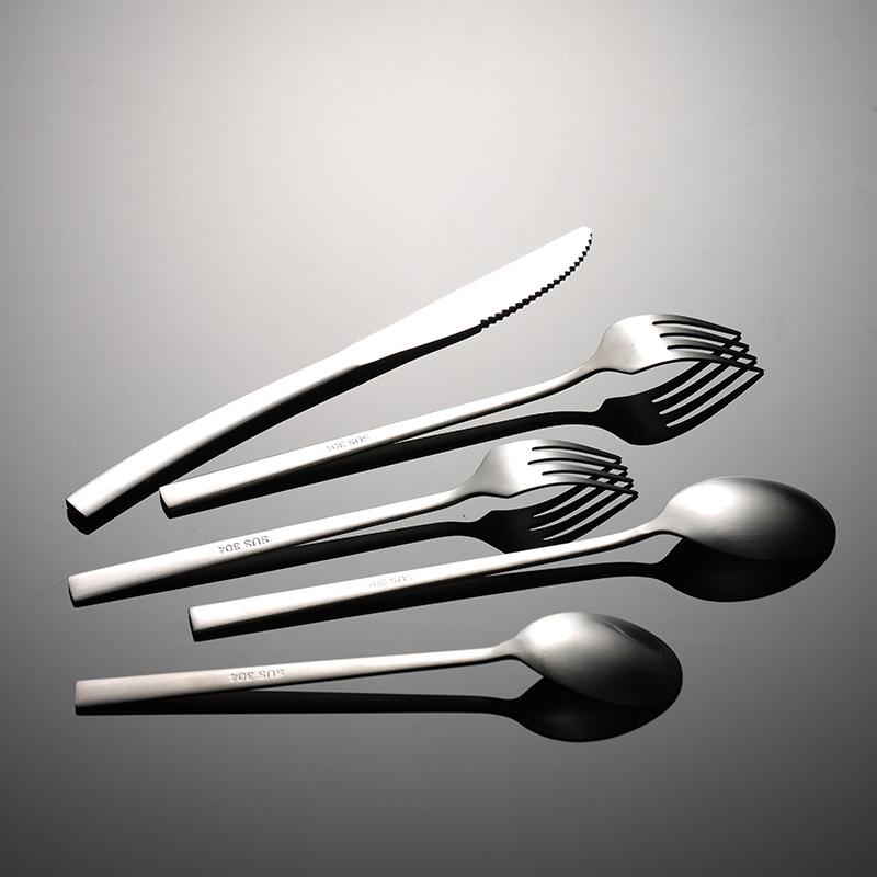 304 Stainless Steel Korean Square Handle Western Tableware Knives, Forks and Spoons Hotel Wide Barbecue Shop Spoon Matte Sand