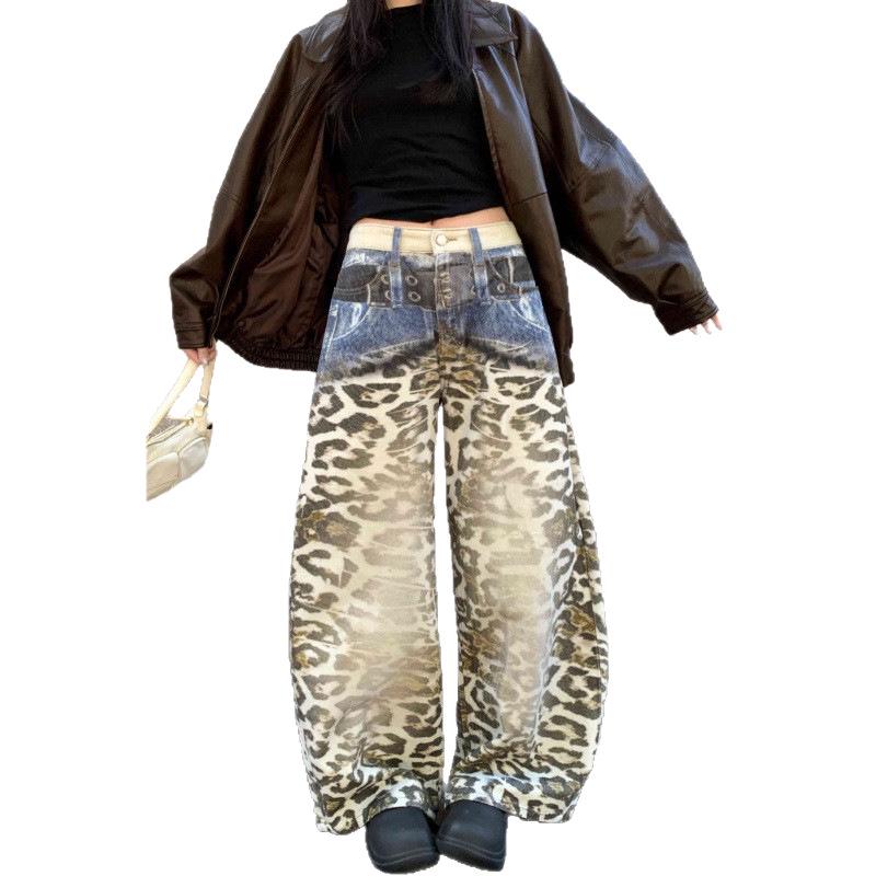 Women's American Retro Leopard Print Wide-Leg Jeans