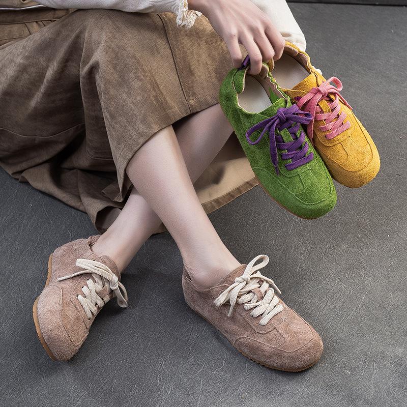 Spring Candy Color Comfortable Casual Trainer First Layer Cowhide Lace Up Women Shoes