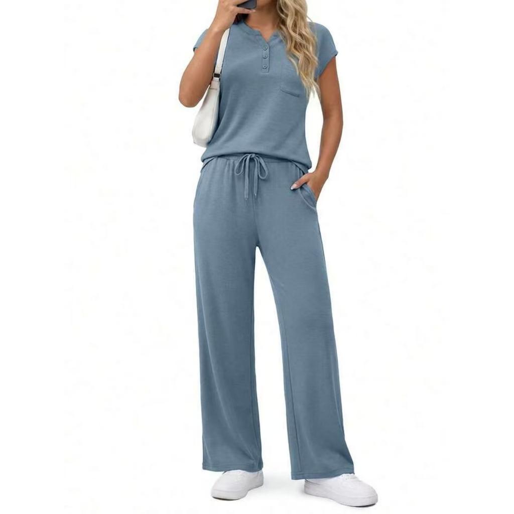 Fashion Women's Spring And Summer Short Sleeved V-neck Top Loose Wide Leg Pants Set