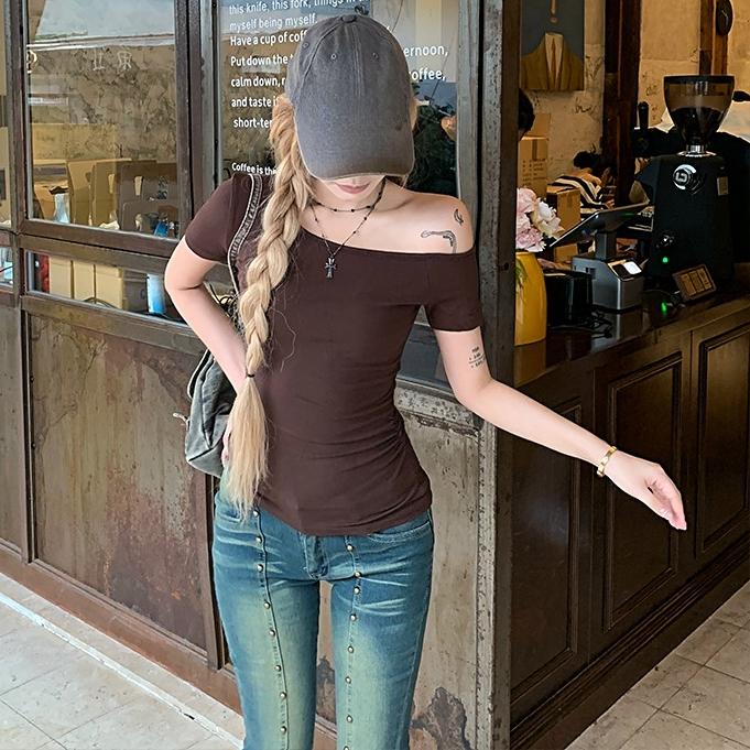 Summer MODAL COTTON Sexy Off Shoulder T Shirt Women’s Short-sleeve T-shirt Casual Slim Elastic Skinny Y2k Tops Women Clothing