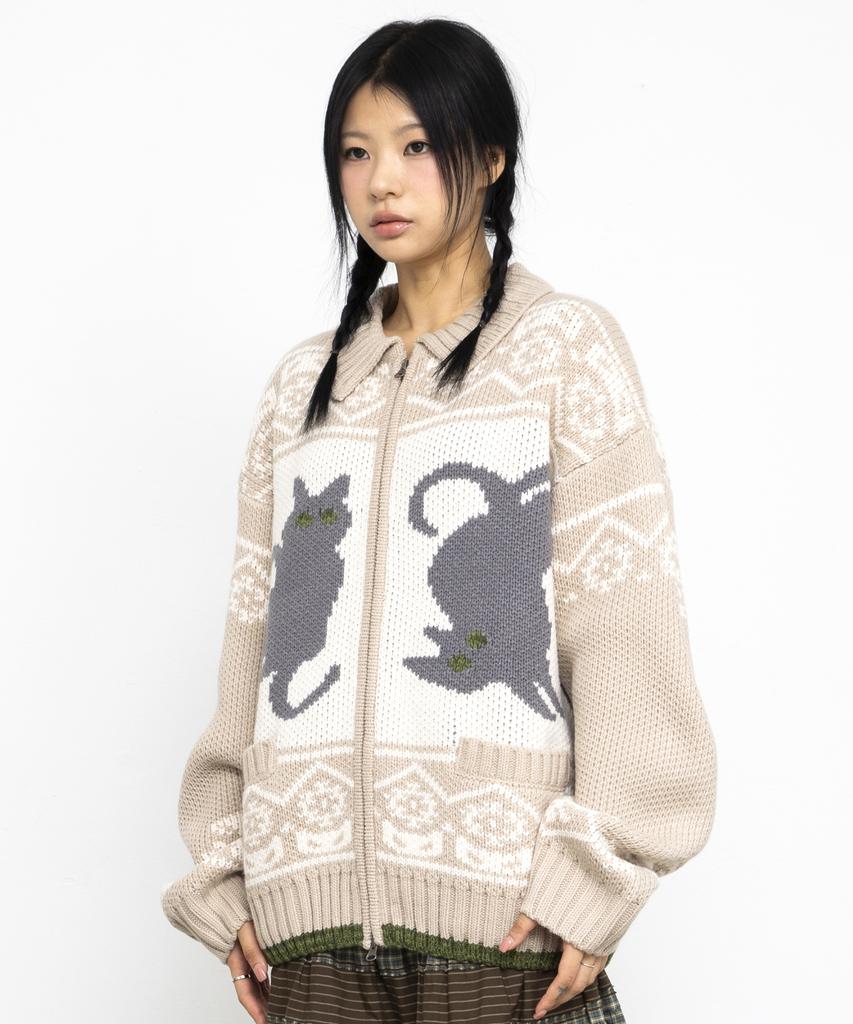 GLACK Gznt003 Ato Cat Cowichan Knit Zip-Up (Beige)