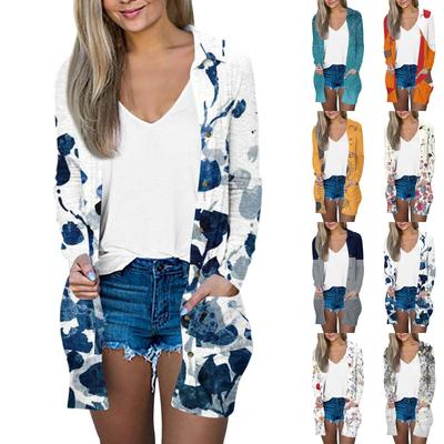 Women's Casual Fashion Floral Print Long Sleeve Mid-Length Cardigan Jacket