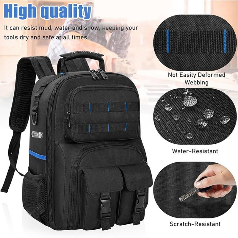 Heavy Duty Tool Backpack Wide Top Opening Multiple Exterior Pockets for Wrenches Screwdrivers Easy Access Organization