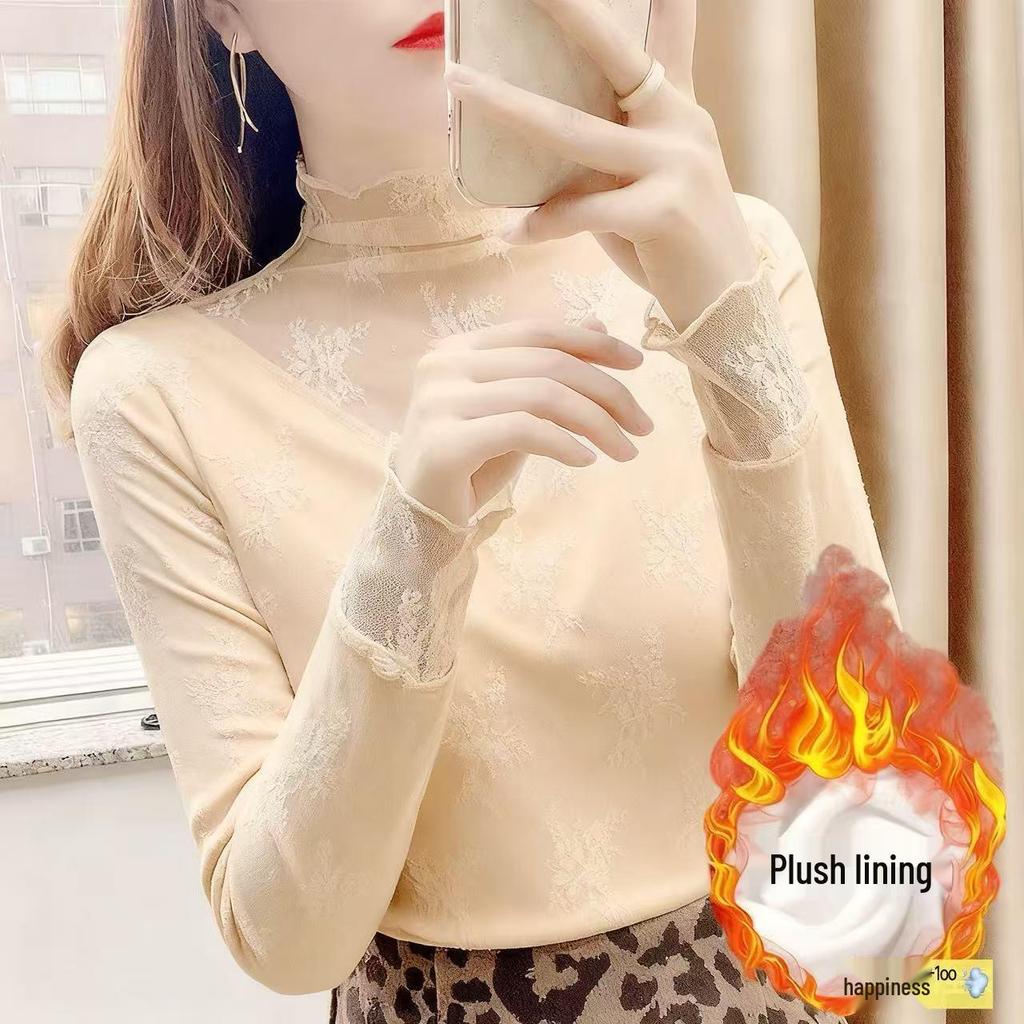 Stylish White Mesh Fleece-Lined High-Neck Lace Shirt for Autumn & Winter, Perfect Under Sweaters.
