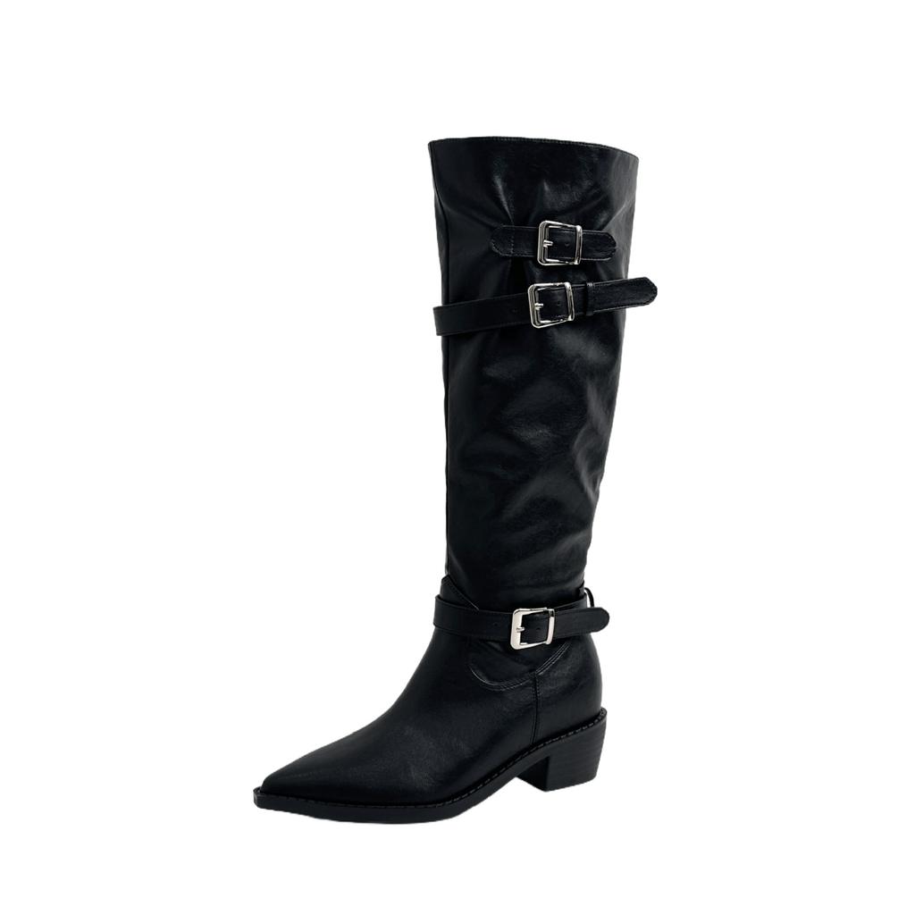 Leather inner height increase retro belt buckle thick heel boots but knee thin knight boots pointed pleated pile boots