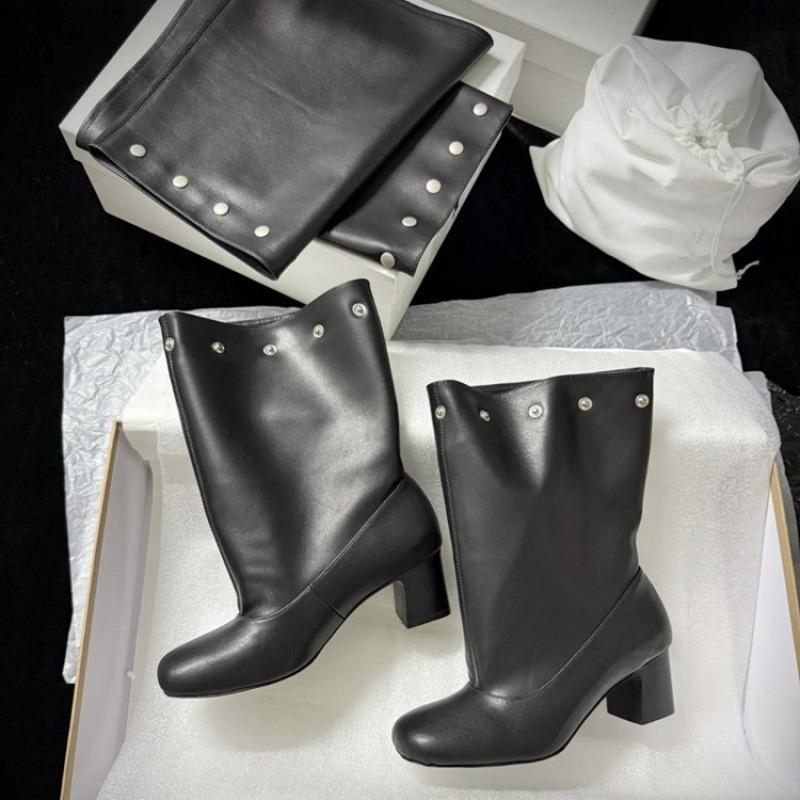 Cowhide~ Two Wear High Boots Female Knight Boots Autumn and Winter Round Head Splicing Thick Heel Sleeve Stacking Boots But Knee Rivets