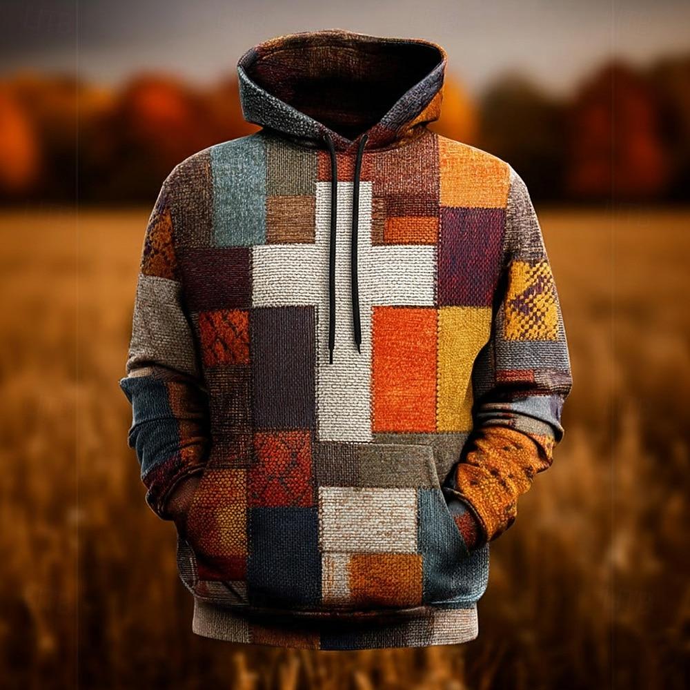 

Мужская толстовка с капюшоном в геометрическую клетку, модная повседневная с круглым вырезом, для дома, вечеринки, уличная одежда, оранжево-коричневая, на шнурке, осенне-зимняя, дизайнерская XL