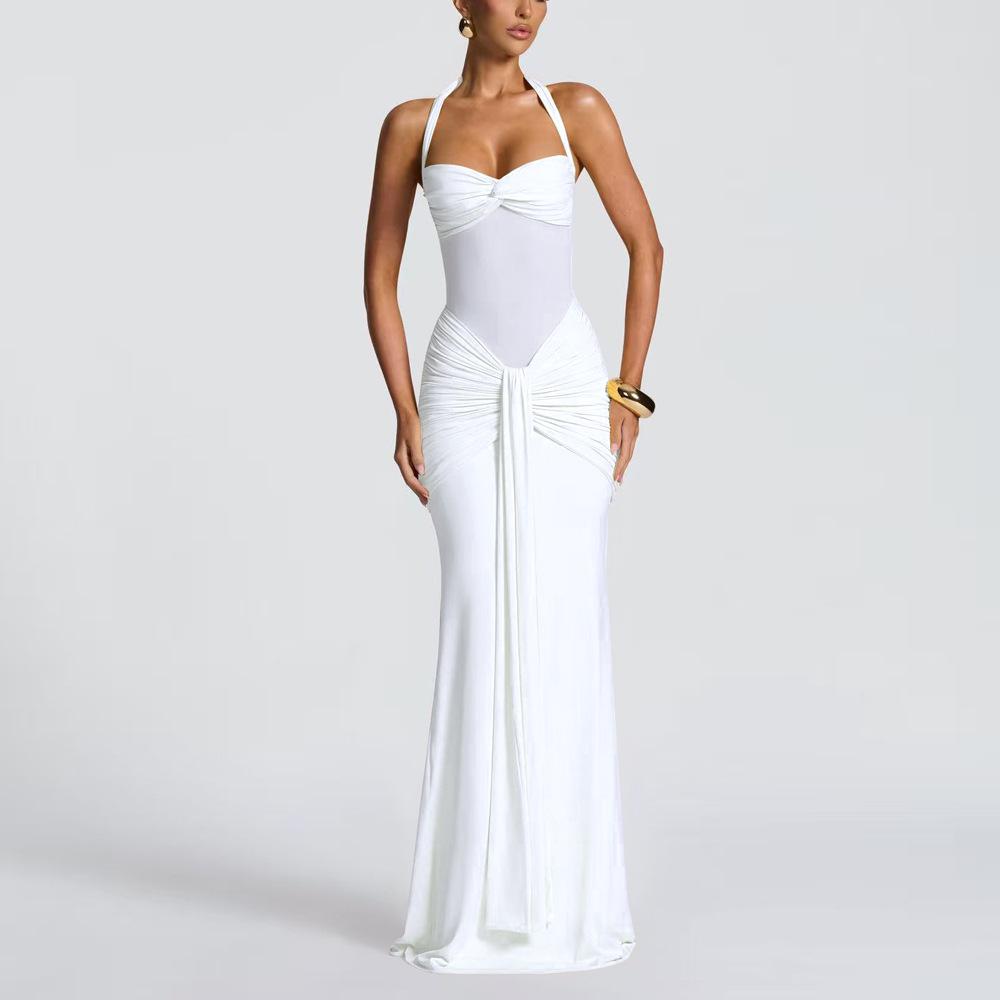 Elegant 2025 Ruched Backless Women's Long Dress with Hip-Wrap Design