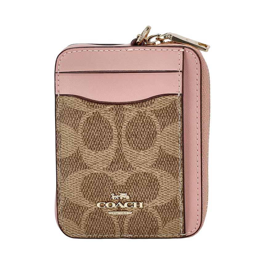 New COACH Card Case Coated Canvas Card Holder Mini Women's Tan & Pink CW883-IMXB0