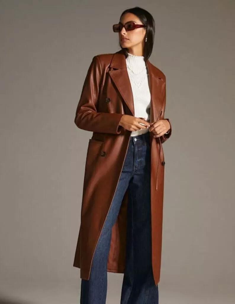 

New HOT Women Brown Trench Coat Leather Genuine Lambskin Handmade Long Party Stylish S коричневий