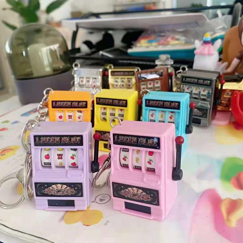 Mini Cartoon Fruit Slot Machine Keychain: Playable, Spinning, Rocking Toy Game