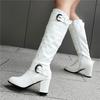 Meotina Women Knee High Long Boots Round Toe Chunky High Heels Zipper Buckle Gogo Boots Ladies Fashion Shoes Winter Black 43