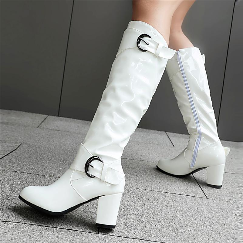 Meotina Women Knee High Long Boots Round Toe Chunky High Heels Zipper Buckle Gogo Boots Ladies Fashion Shoes Winter Black 43