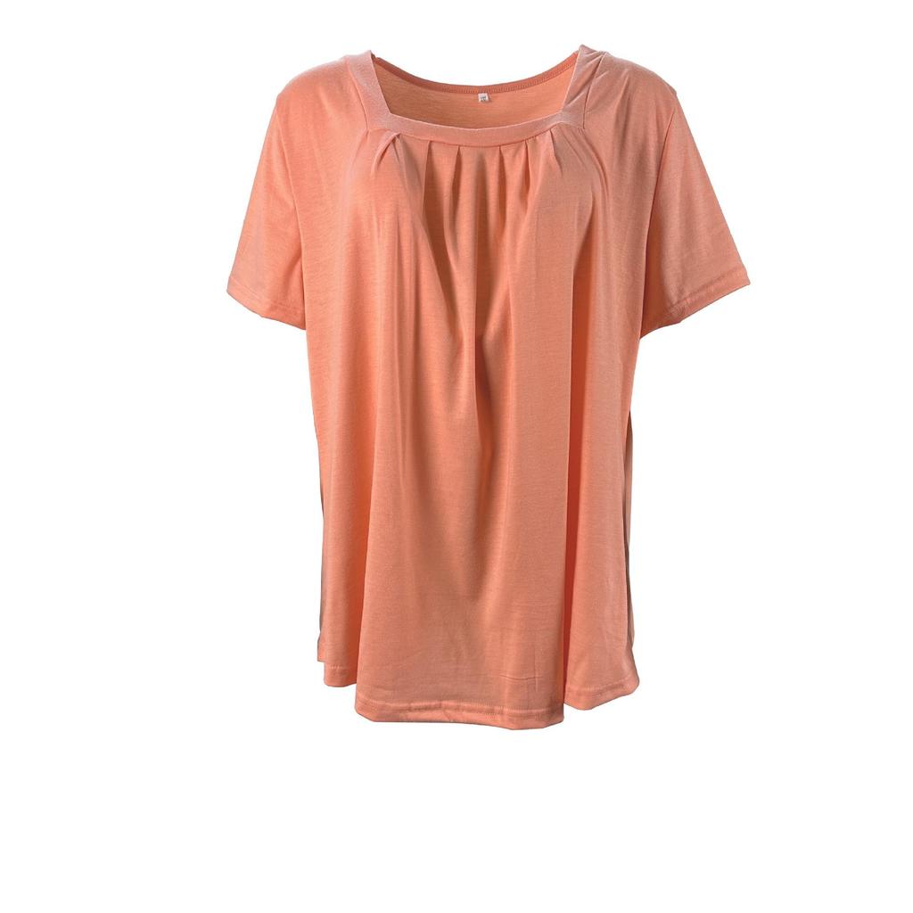 Summer Women's Pleated Square Neck Solid Color Loose Short Sleeve T-Shirt Top