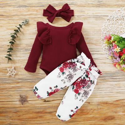 Focusnorm Casual Newborn Infant Baby Girl Clothes Set Flower Tops Romper Leggings Headband 3PCS Outfits Set Clothes