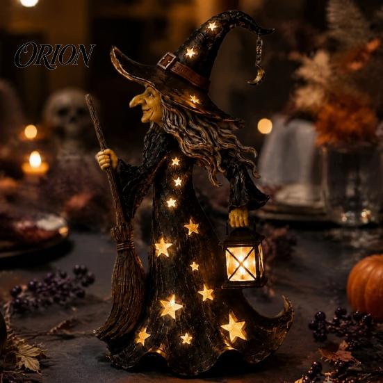Halloween Party Props Witch Lamp, Light Up Figurine with Broom And Lantern, Gothic Resin Table Decor Spooky Night for Tabletop Indoor Home Mysterious