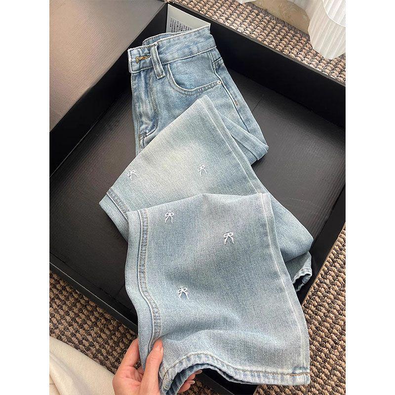 Women's Plus Size Light Blue High-Waist Straight Leg Jeans with Bow Embroidery - Summer Slimming Wide Leg Pants
