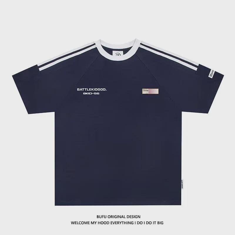 Unisex Summer Street Style Three-Bar Flag Print Short-Sleeve T-Shirt
