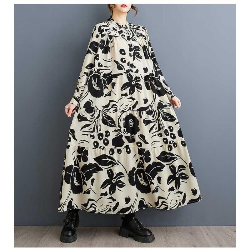 2025 Large Size Round Neck Long Sleeve Loose Big Swing Middle-aged and Elderly Mom Dresses