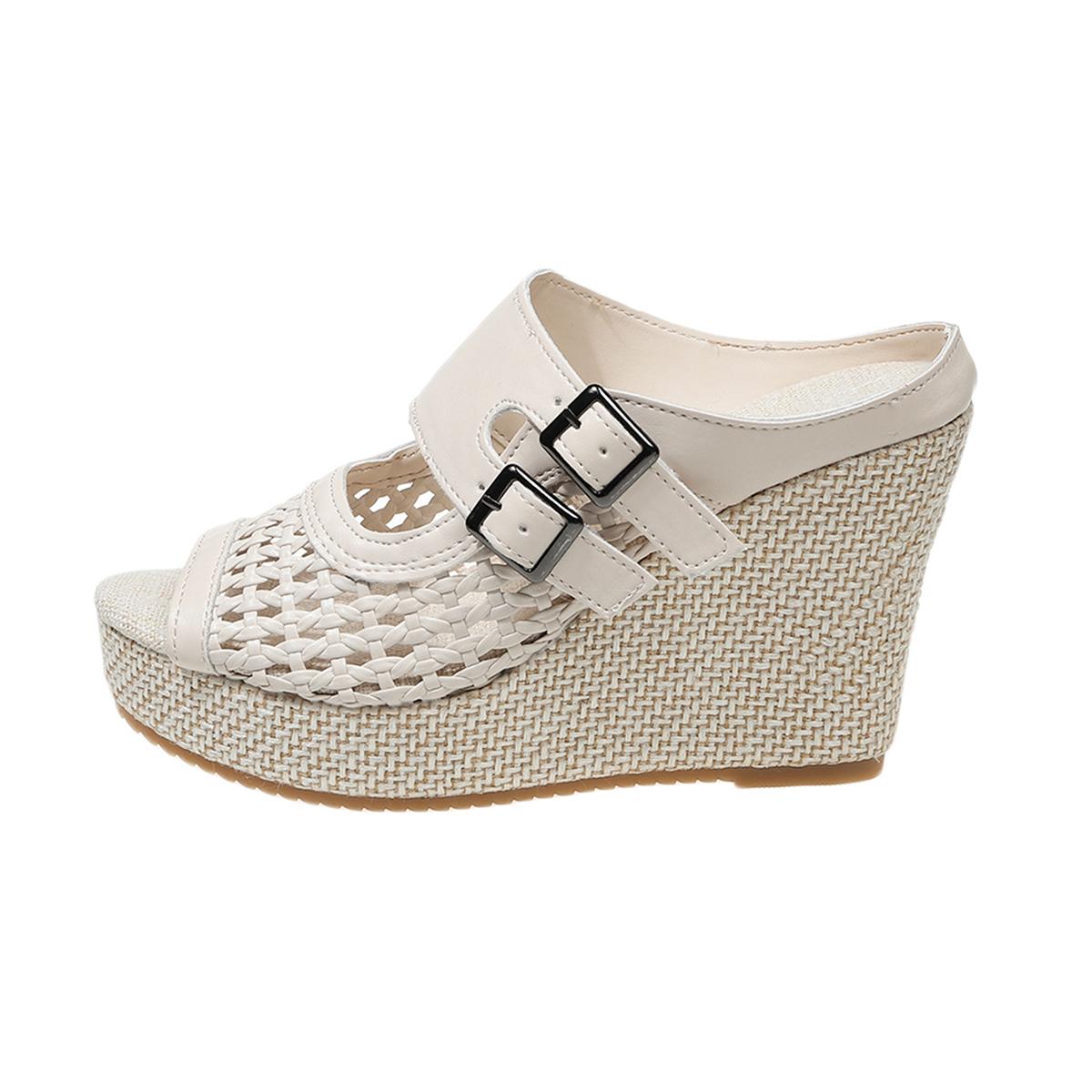 

Woven Platform Slippers Summer New Round Toe Open Toe Metal Buckle Anti-slide Heel Fish Mouth Shoes 35