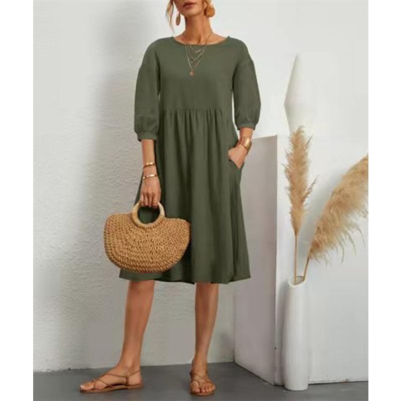 New Women's Solid Color Fashionable Sleeve Loose Cotton Linen Dress