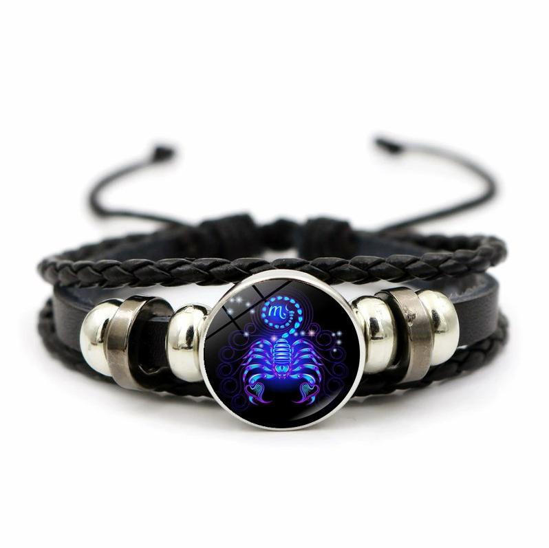 12 Sternbilder Sternzeichen Schwarzes geflochtenes Lederarmband Krebs Löwe Jungfrau Waage Gewebtes Glaskuppelschmuck Punk Herrenarmband