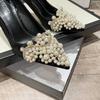 Fashion 2025 Women Luxury High Heels Slides Lady Thin Low Heels Pearl Sandals Slippers Summer Party Apricot Mules Crystal Prom Shoes
