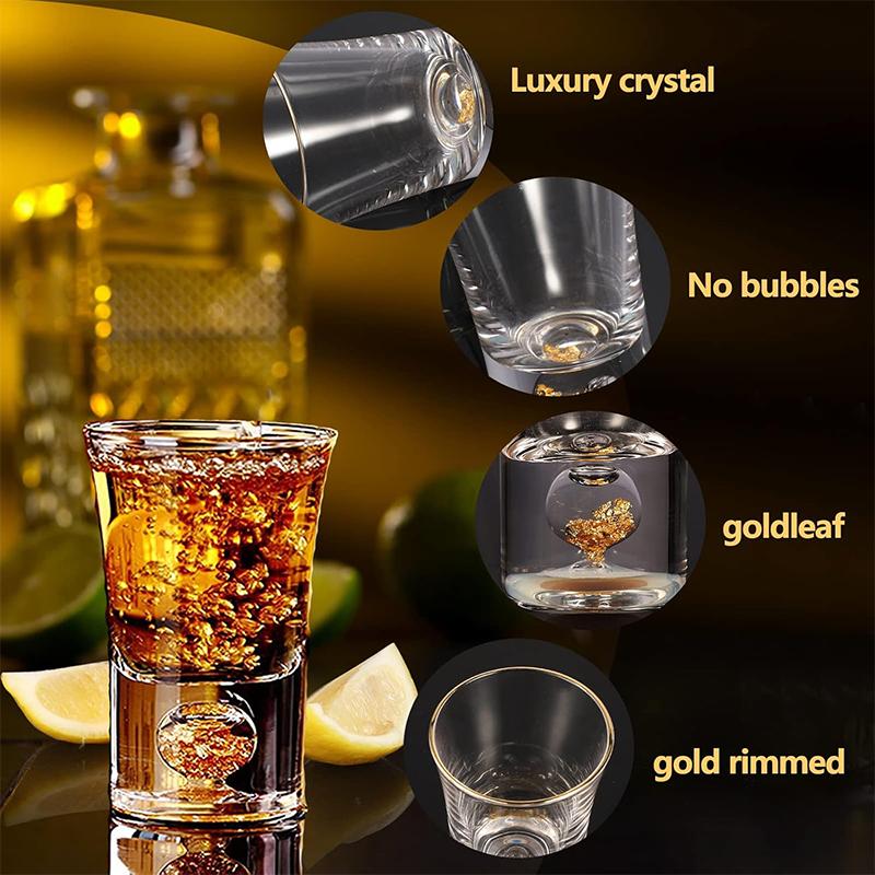 HeY LiLac 6Pcs Shot Glasses 15ML Gold Foil Color Spirits Cups Handmade Crystal 24K Gold Rimmed Shot Glasses Wine Baijiu Cup
