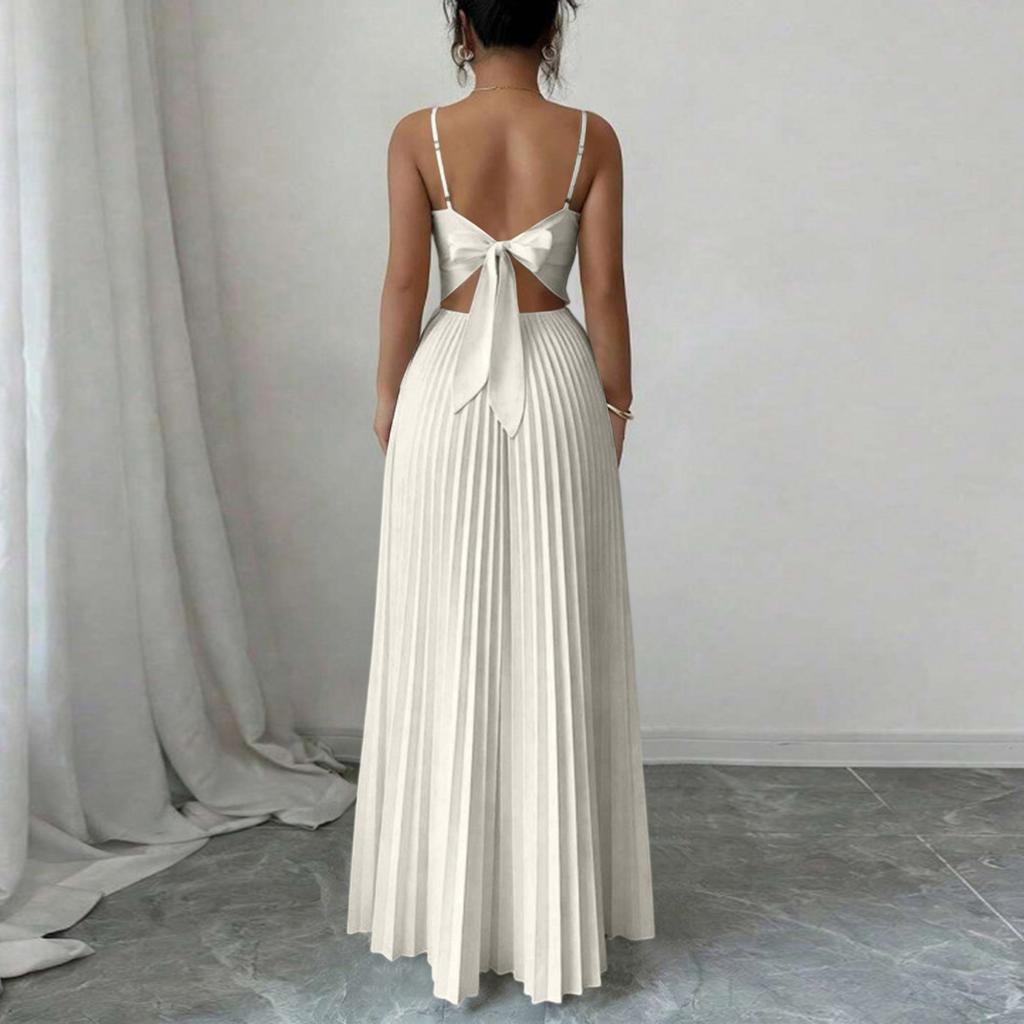 Vestido largo de color plisado con cintura ajustada y tirantes finos para mujer para salir por la noche