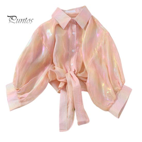 Women Sun Protection Shirt Lapel 3/4 Sleeve Rainbow Bright Color Shirt Single Breasted Bow Tie Style Top Thin Chiffon Shirt