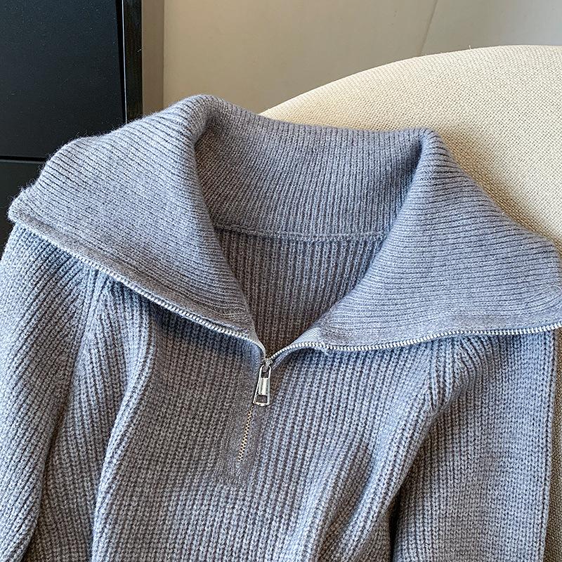 Pull à demi-fermeture éclair pour femme en automne et en hiver Coupe confortable Pull à col revers décontracté Dernier style coréen Haut court