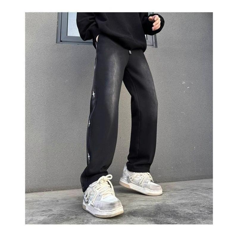 Men's American Patchwork Distressed Autumn Winter Loose Straight Wide-leg High Street Versatile Casual Trousers