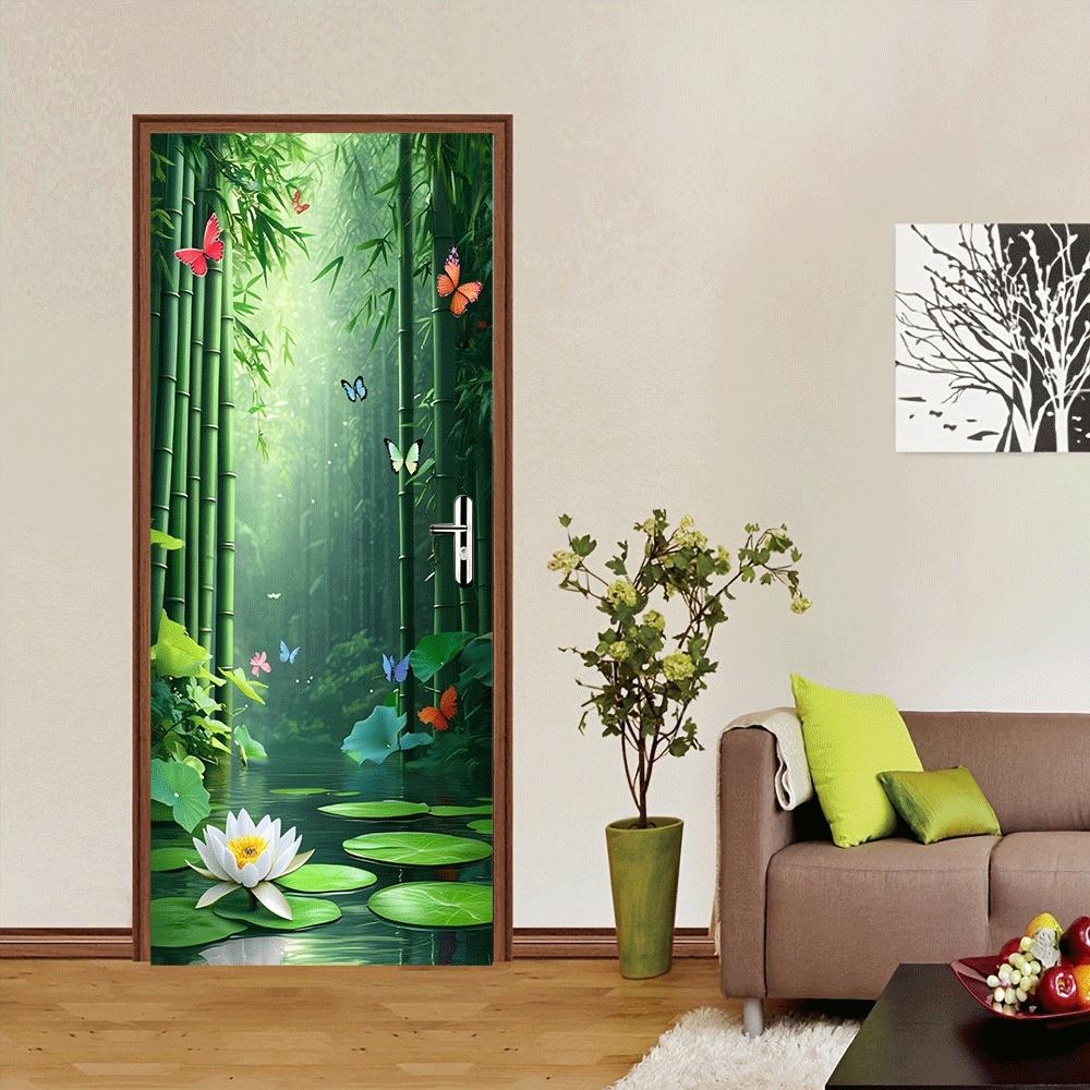 2pcs Bamboo Forest Deep Wall Stickers Natural Scenery Bedroom Living Room Entrance Decoration Stickers Self-adhesive Waterproof