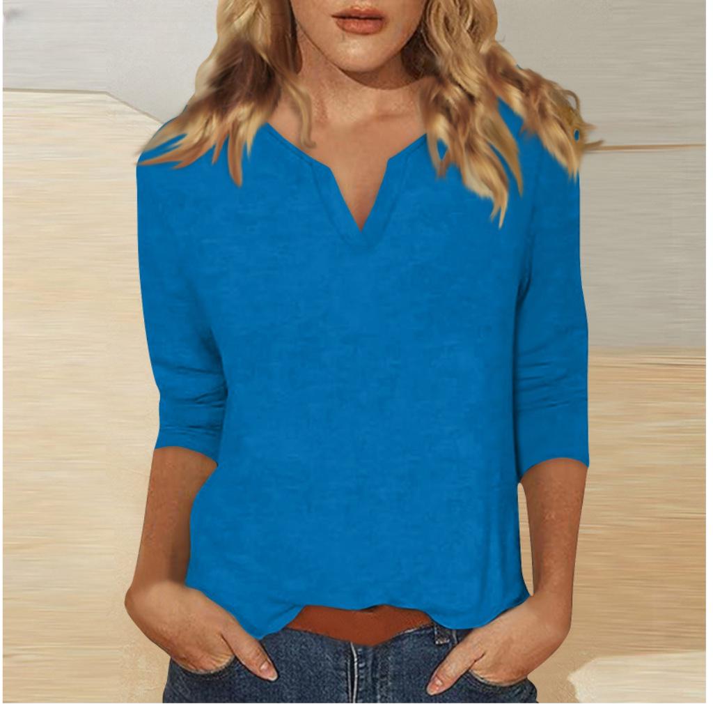 2025 Women's V-Neck 7-Point Sleeve Solid Color T-Shirt