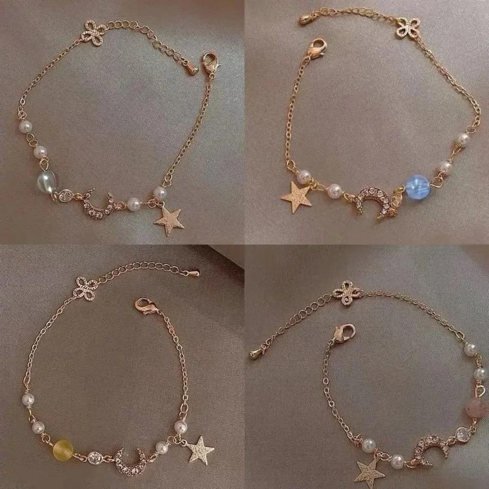 Fashion Women Stainless Steel Star Moon Pearl Simple Crystal Zircon Bracelet Bracelet Pendant Jewelry Girl Party Party Gift