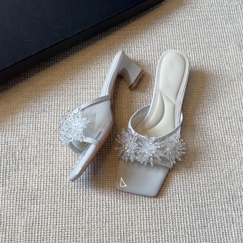 Sheepskin Rhinestone Mesh Leather Square Head High-heeled Slippers Women's Summer Open-toed Beautiful Temperament Wear Cool Slippers