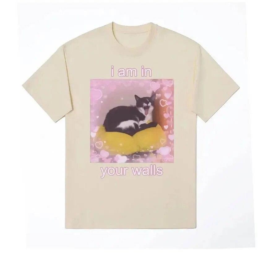 

Забавная футболка с изображением милого кота «Я в твоих стенах», летние топы унисекс, WoUnisex, повседневные футболки из 100% хлопка, модная футболка большого размера 3XL
