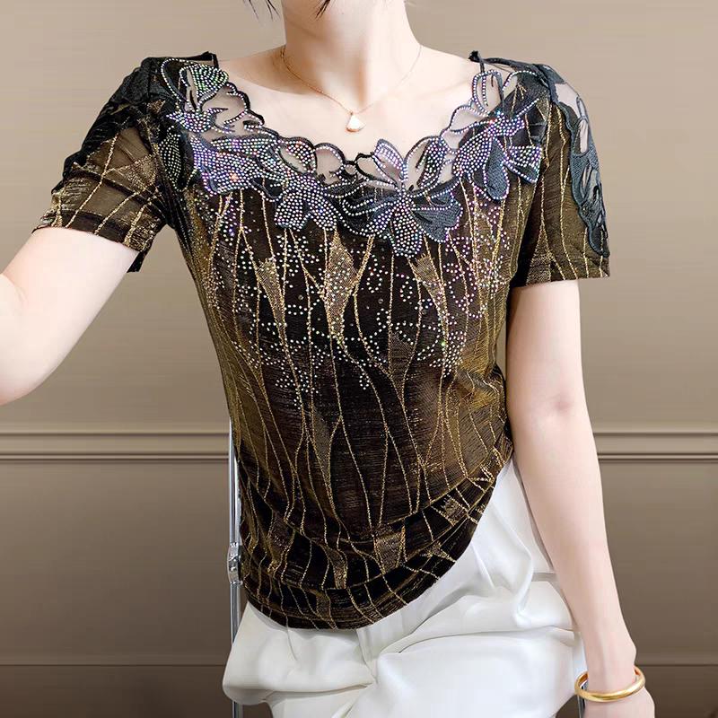 

Летняя женская футболка Шикарная Сексуальная Кружевная Ажурная Вышивка Цветочная Лоскутная Сетка Топы Элегантный О-образный вырез Бриллианты Короткий рукав Футболки 3XL золотой