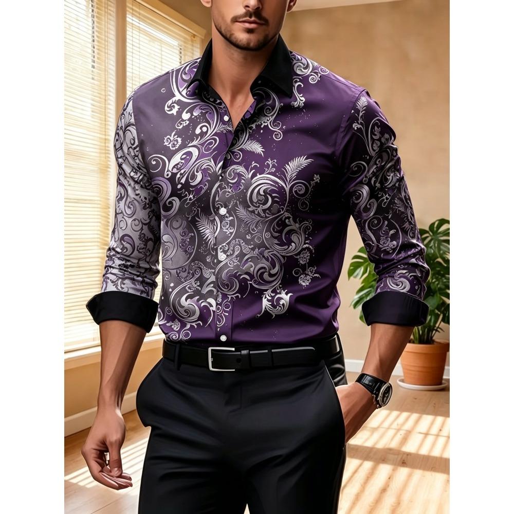 Men's Contrasting Baroque Printed Long Sleeved Shirt, Slim Fit Collar Shirt, European and American Party Trend Men's Top