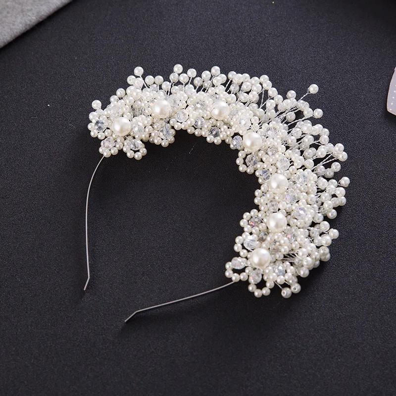 Gold Color Pearl Flower Headband Hairband Tiara for Women Pageant Bridal Wedding Hair Accessories Jewelry Crown Tiara Headband